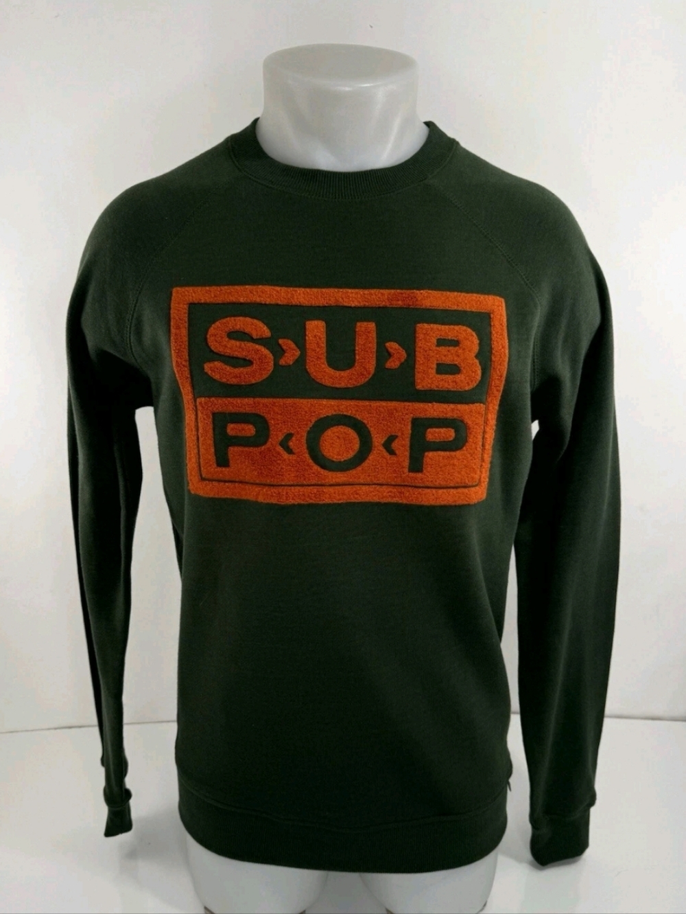 Sub Pop Olive Green Crewneck Sweatshirt with Orange Fuzz Logo